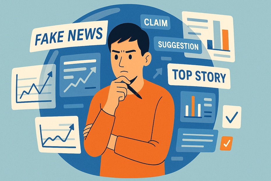 Person surrounded by floating headlines, charts, and algorithmic suggestions in a tech bubble