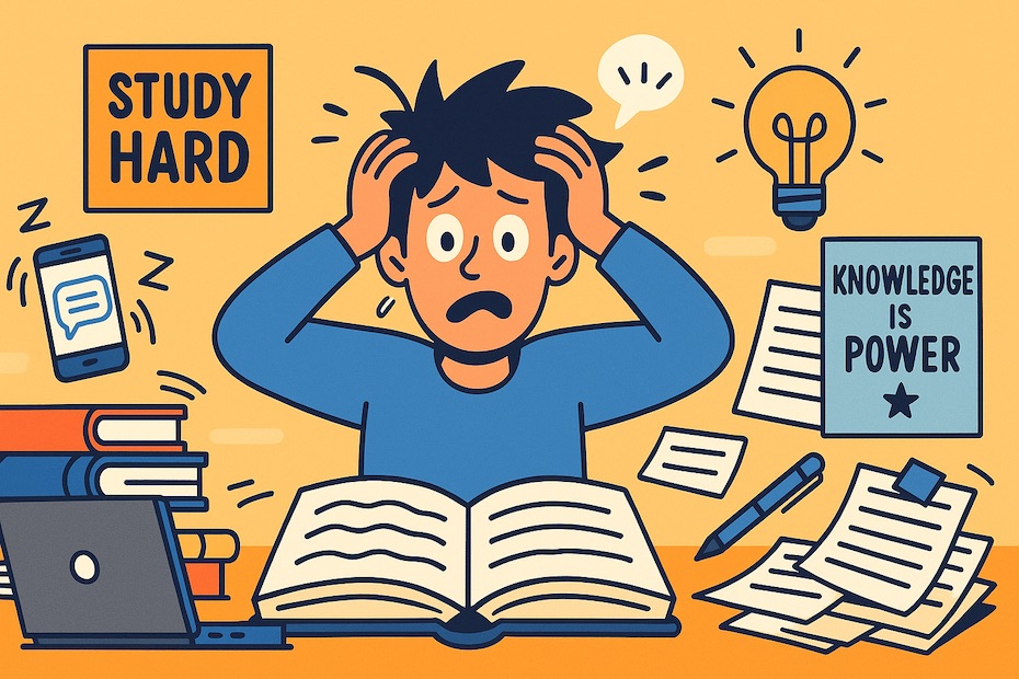 A stressed-out student juggling books, devices, and inspirational posters, symbolizing the chaotic journey of educational empowerment.