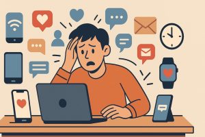 Flat-style vector illustration of a modern person overwhelmed by screens, gadgets, and social tech distractions, representing the long-term impact of technology on daily life.