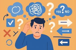 A person overwhelmed by confusing thought bubbles and contradictory signs symbolizing cognitive biases in decision-making