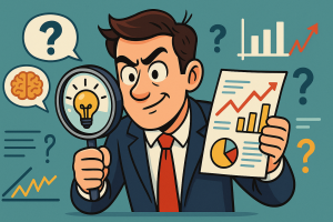 A professional confidently analyzing information with magnifying glass and charts, symbolizing critical thinking skills in the modern world.