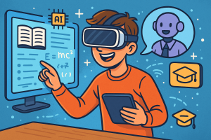 A student using digital learning tools with VR headset, smartboard, and AI tutor icons, symbolizing technology transforming modern education.