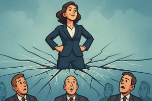 A confident woman leader standing above a cracked glass ceiling, symbolizing breaking barriers in male-dominated industries.