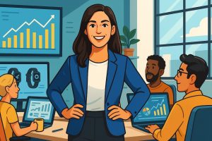 Confident female sports tech founder leading a diverse team in a modern startup office.
