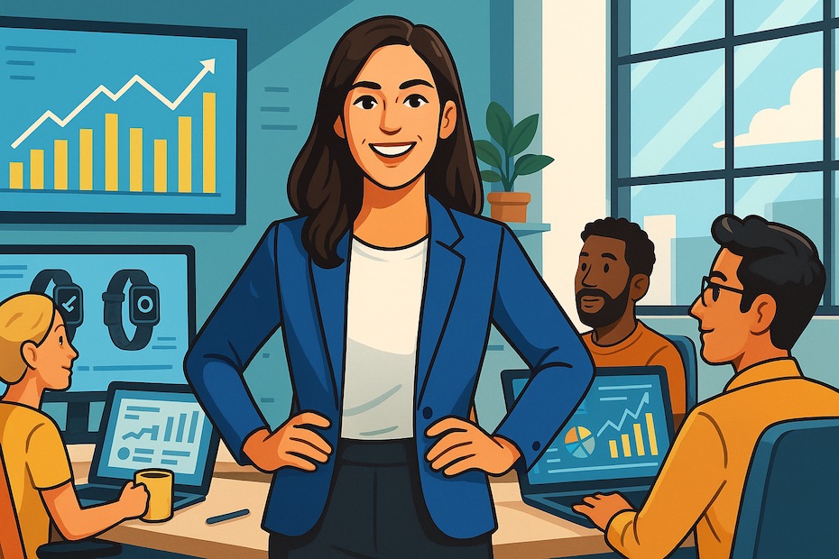 Confident female sports tech founder leading a diverse team in a modern startup office.