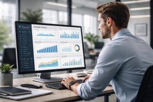 A professional workspace where a business professional reviews data dashboards and AI automation tools on a computer screen