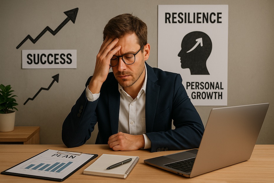 A stressed entrepreneur rebuilding confidence, surrounded by work materials and motivational elements representing resilience and personal growth.