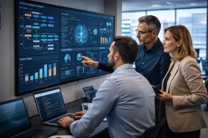 Technology professionals reviewing artificial intelligence system outputs on large screens while discussing fairness and responsible AI governance.