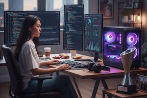 A sports tech founder working at a laptop surrounded by code, app screens, and awards, symbolizing the journey from coding bootcamp to competition finalist.