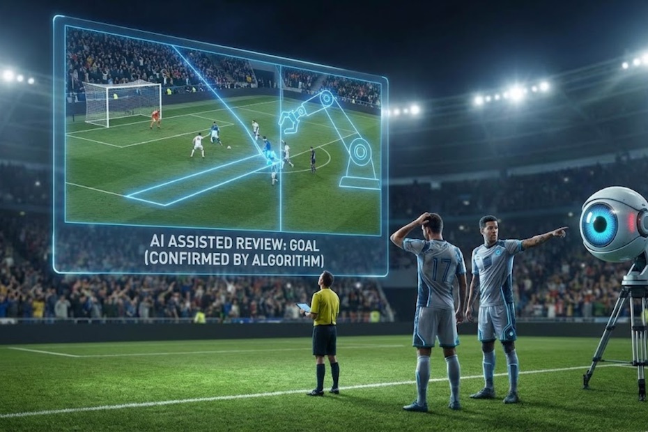 A modern sports referee scene showing AI-assisted technology reviewing a play, symbolizing the rise of AI referees and improved fairness in sports.