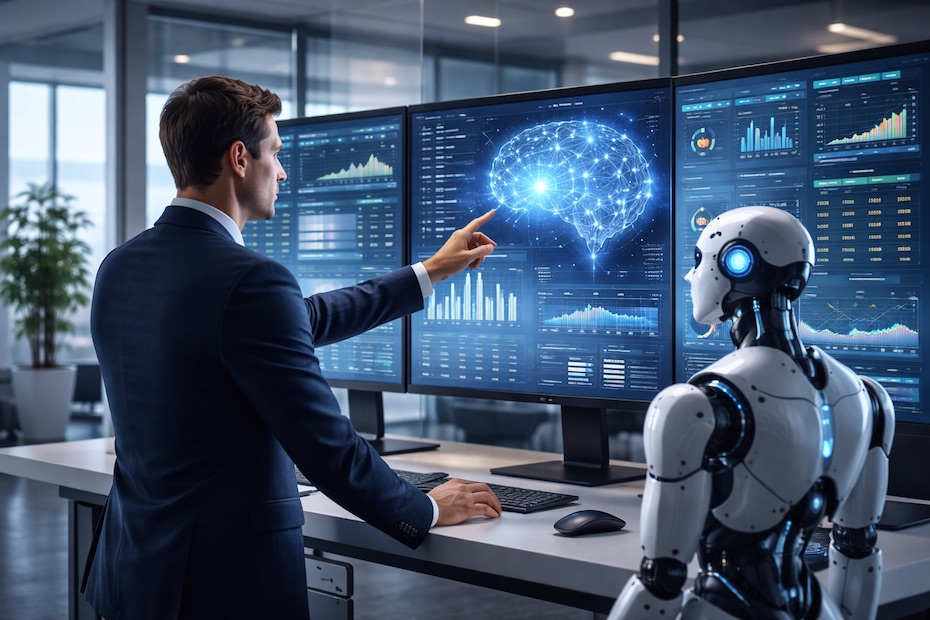 A professional collaborating with an advanced artificial intelligence system on digital displays in a modern workplace environment