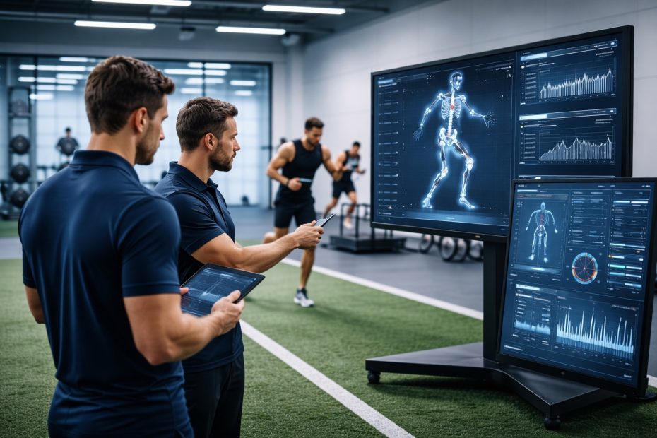 A professional sports environment showing coaches and analysts reviewing performance data dashboards while athletes train with wearable technology in the background