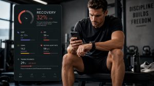 Athlete reviewing a red WHOOP Recovery Score and training-readiness data before a planned workout
