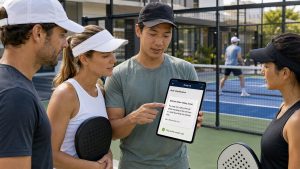 Amateur athletes reviewing an AI rule clarification after a disputed call beside a local sports court