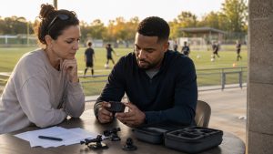 A youth soccer club administrator and parent examine a newly issued automated sports camera kit and accompanying paperwork beside a community field.