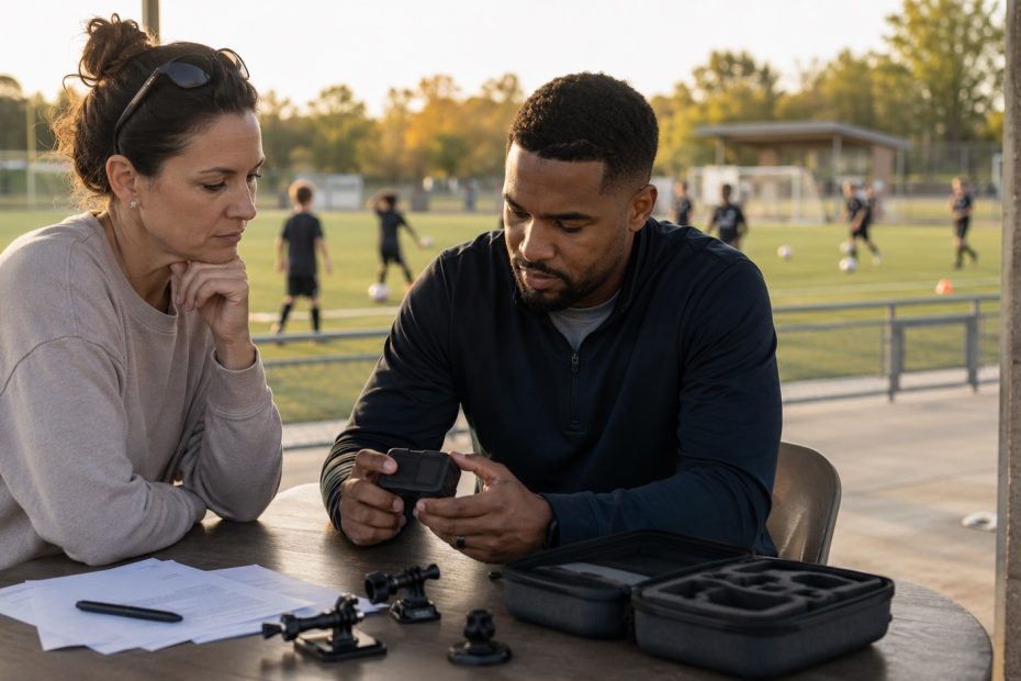 A youth soccer club administrator and parent examine a newly issued automated sports camera kit and accompanying paperwork beside a community field.