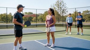 A new recreational pickleball player receives a calm on-court explanation from an experienced player before joining a friendly game.